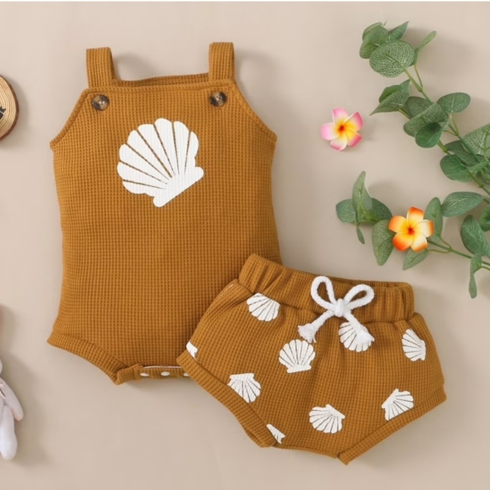 Waffle Knit Baby Romper Set - Mustard Yellow Seashell Print - Top and Shorts 2PC